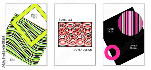 Geometric cover design, set of 3 covers. Abstract unusual background in Memphis style. Bright geometric shapes in random order