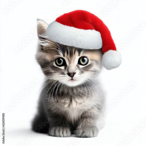 Santa Hat Adorned Cat: Beautiful Christmas Illustration, Generative AI © faical