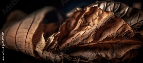 Tobacco dry leaves background, closeup. High quality tobacco big leaf, close up.