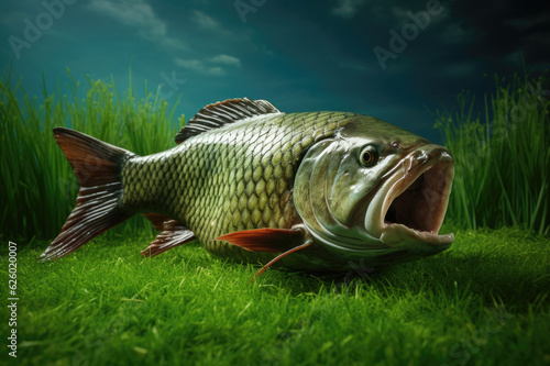 Freshly caught big fish on green grass © Veniamin Kraskov