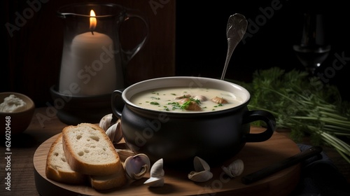 A photo with presentation of delicious Clam Chowder  food photography  gourmet created with Generative AI technology