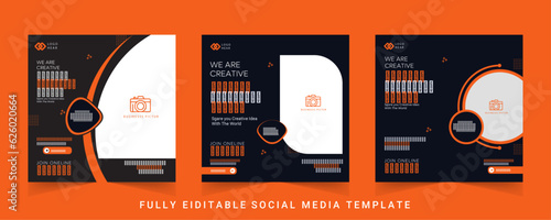 Set of Editable minimal Social Media Post Template. Black and orange color with stripe line shape. Suitable for social media post and web internet ads.