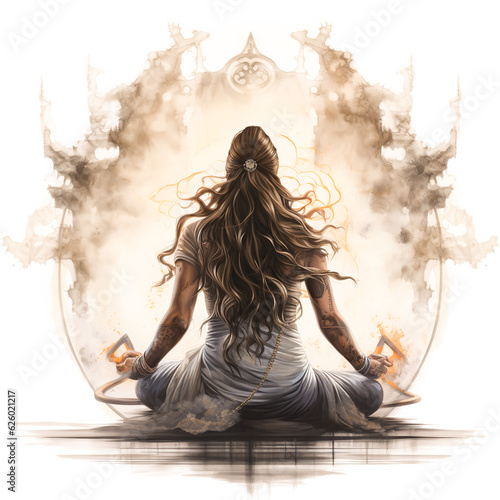 Fototapet Lord shiva in form of Parvati Meditating in a white space,  Spiritual Wallpaper
