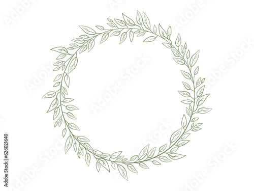 Delicate wedding element with linear hand drawn leaves for invitation, certificate or logo. Decorative circle wreath. Vector illustration © Olena