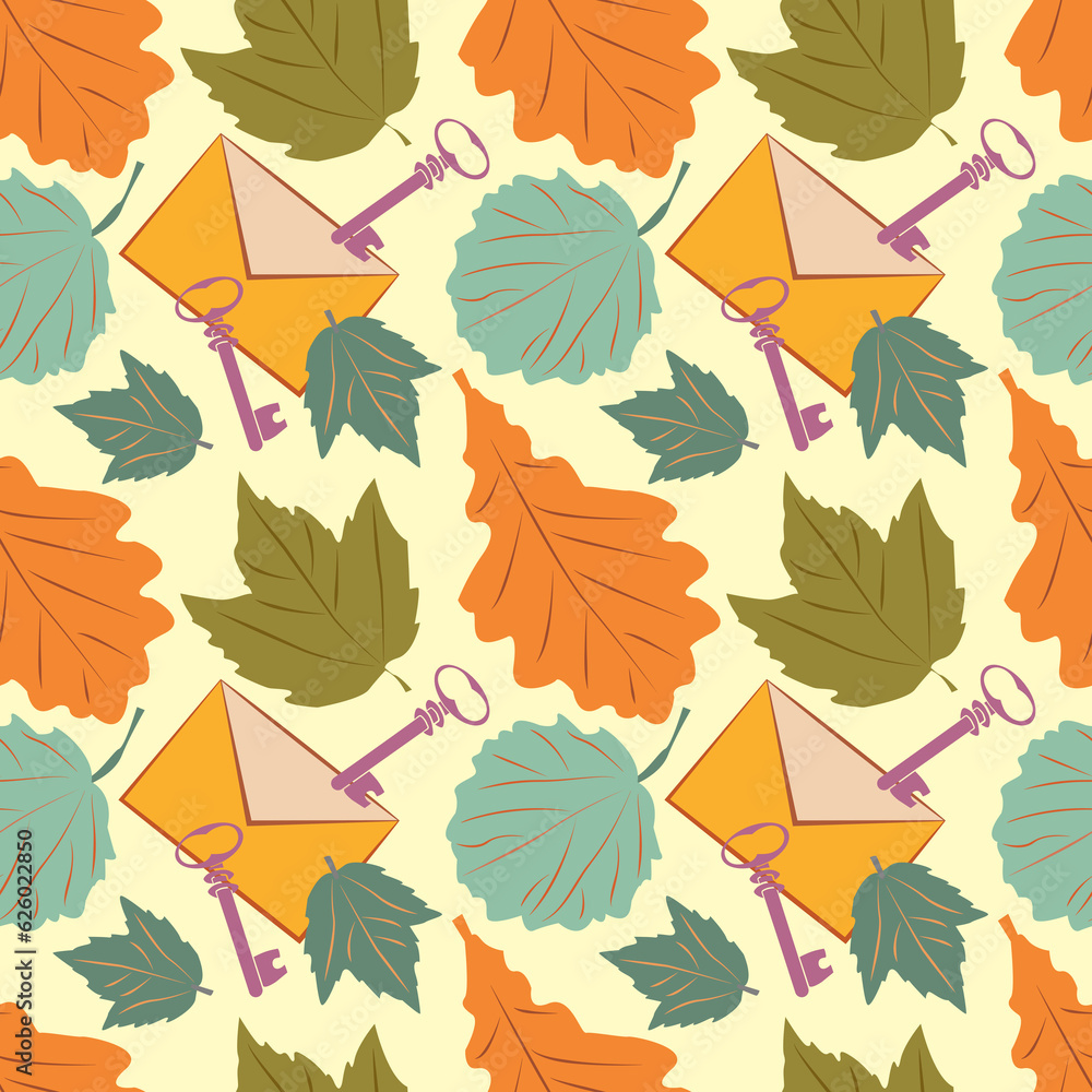 Seamless pattern with autumn leaves,
keys and envelop. Soft yellow, emerald, beige, lilac colors. For textiles, wrapping paper, wallpaper, Seamless pattern with autumn leaves,
keys and envelop. Soft yellow, emerald, beige, lilac colors. For textiles, wrapping paper, wallpaper,