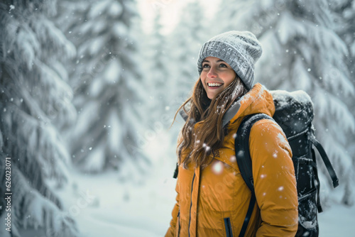 A young woman enjoys a snowy forest in Lapland