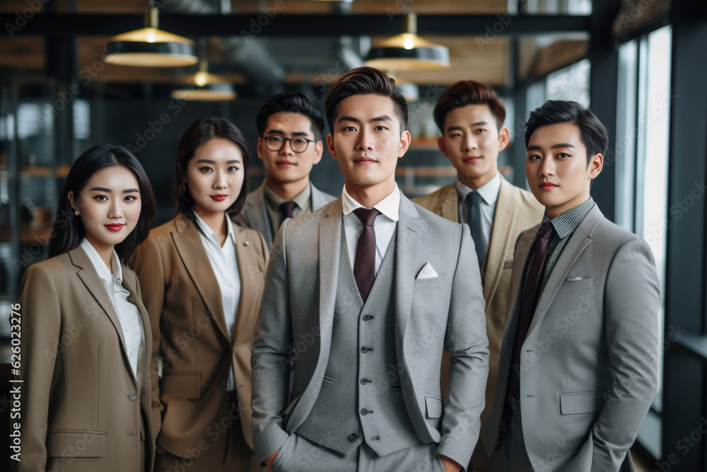 Confident Asian businesspeople in powerful poses, donning business suits, symbolizing a dynamic corporate team. Captivating unity and professionalism. generative AI. Confident Asian businesspeople in powerful poses, donning business suits, symbolizing a dynamic corporate team. Captivating unity and professionalism. generative AI.