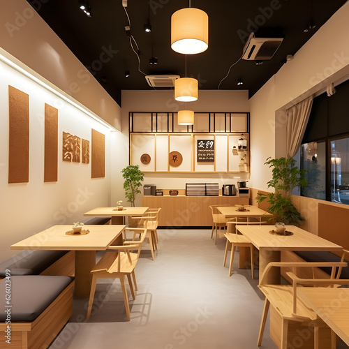 Minimalist Japandi decor design, cafe restaurant dining tables seatings