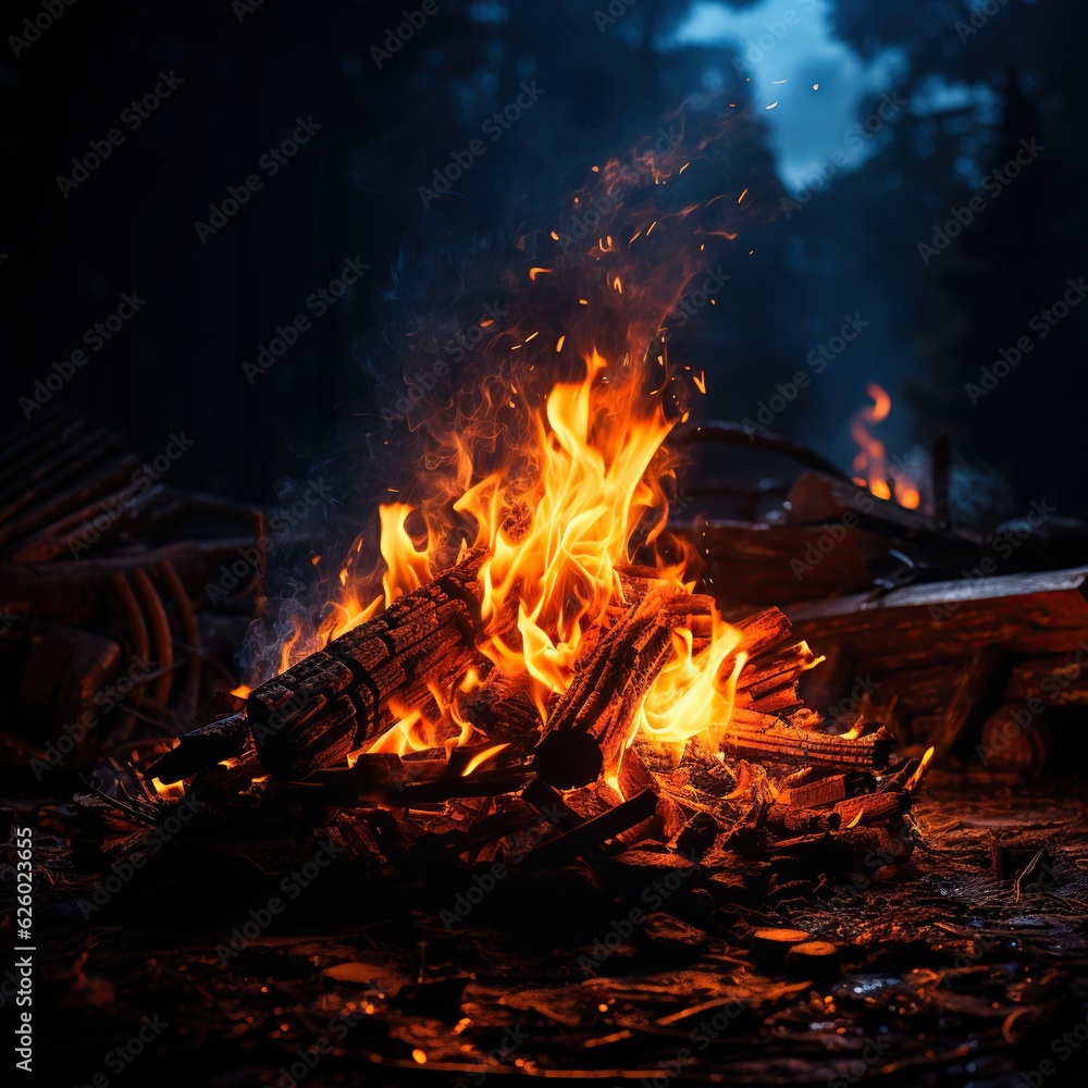 Into the Night's Embrace: Witness the Magical Glow of a Campfire in the Dark Forest, Inviting You to an Adventure Under the Starlit Canopy. Ai generated Into the Night's Embrace: Witness the Magical Glow of a Campfire in the Dark Forest, Inviting You to an Adventure Under the Starlit Canopy. Ai generated