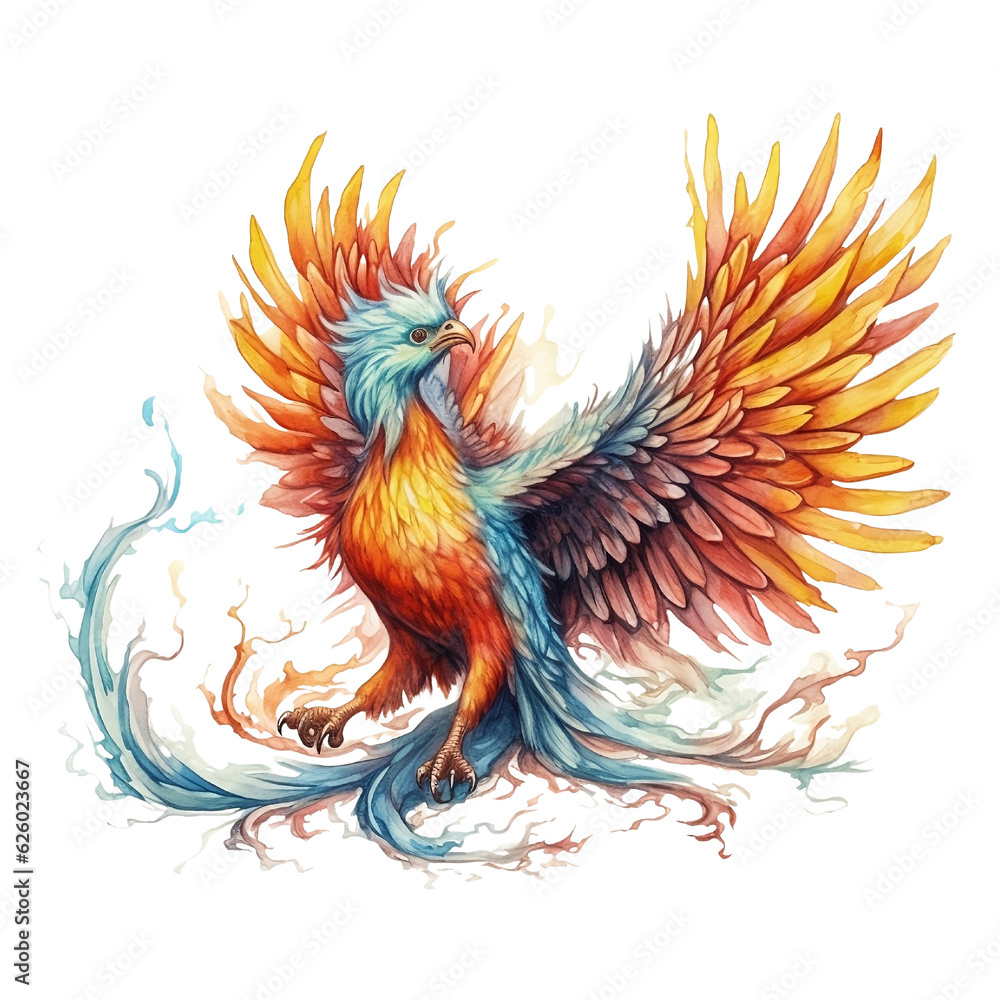 Fototapeta premium Colorful Mature Mythical Phoenix Pheasant Bird Clip Art, Watercolor Painting Style, Generative AI
