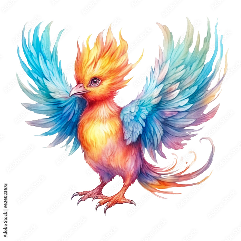 Obraz premium Colorful Young Mythical Phoenix Pheasant Bird Clip Art, Watercolor Painting Style, Generative AI