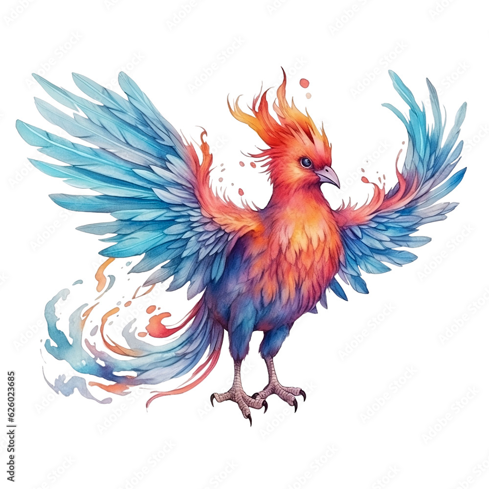 Colorful Young Mythical Phoenix Pheasant Bird Clip Art, Watercolor Painting Style, Generative AI Colorful Young Mythical Phoenix Pheasant Bird Clip Art, Watercolor Painting Style, Generative AI