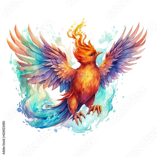 Colorful Young Mythical Phoenix Pheasant Bird Clip Art  Watercolor Painting Style  Generative AI