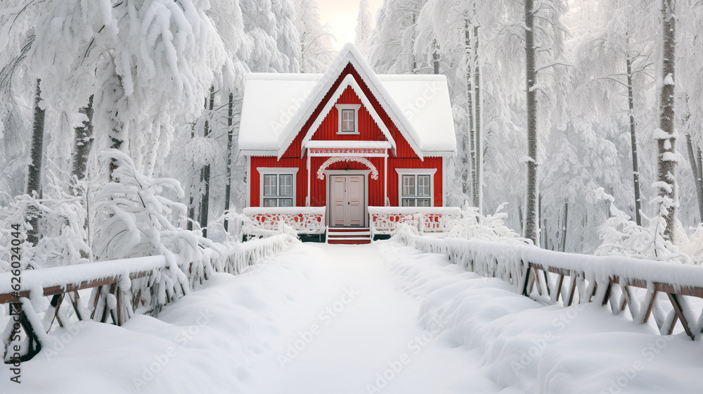 Red wooden cabin in snowy winter landscape.