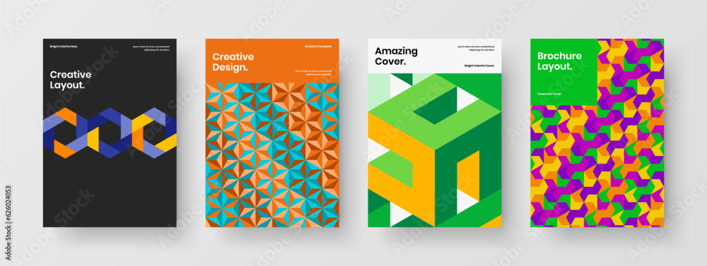 Amazing front page A4 vector design concept collection. Isolated geometric shapes presentation template bundle.