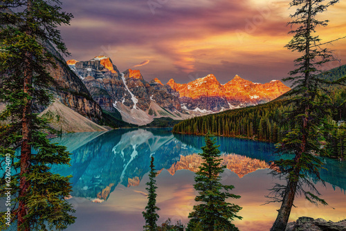 Golden Sunrise Over the Canadian Rockies at Moraine Lake in Canada photo