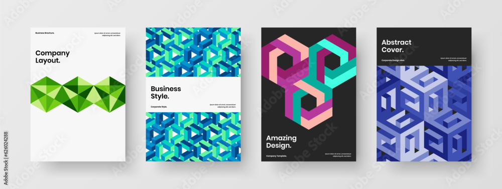 Bright mosaic tiles book cover layout bundle. Premium company brochure A4 design vector template set.