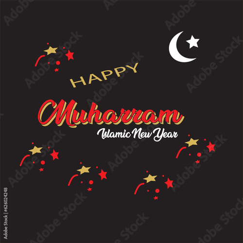 happy muharram islamic new year banner vector  card  word  star with black background  mooon  poster.