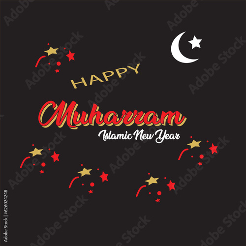 happy muharram islamic new year banner vector, card, word, star with black background, mooon, poster.
