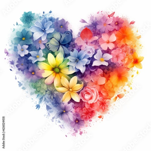 Watercolor illustration bouquet of flowers in heart by hand draw isolated on white background.
