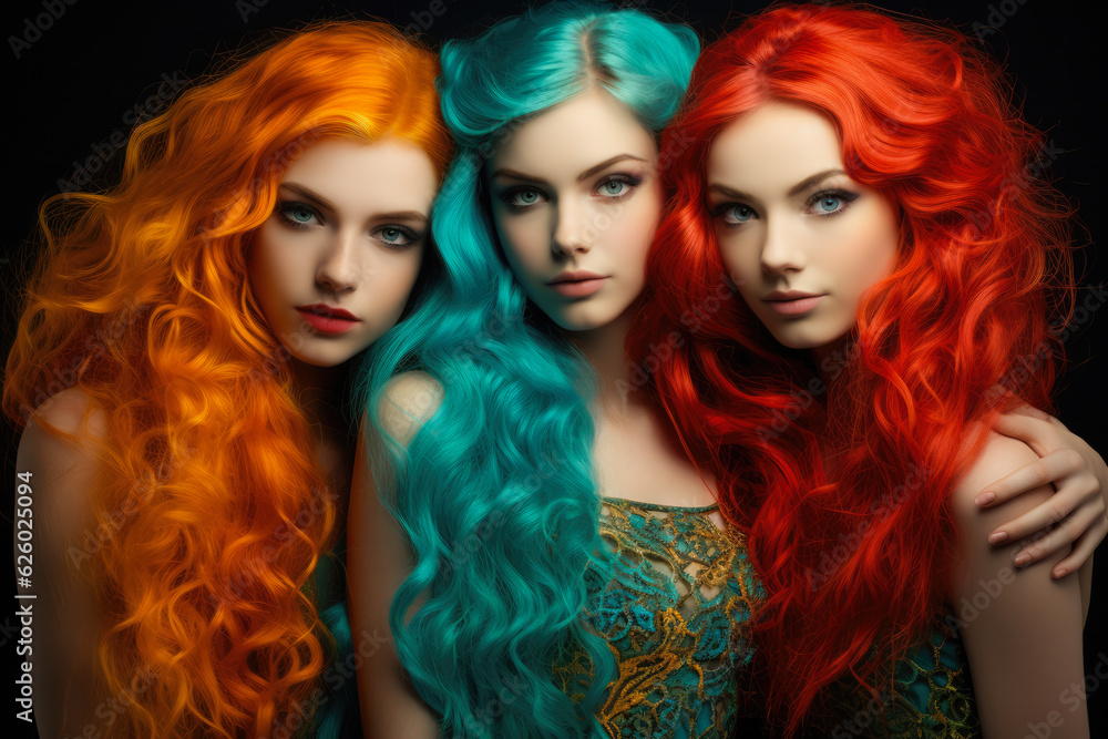 Close up of three young girls with colored hair looking at the camera. Generative AI Close up of three young girls with colored hair looking at the camera. Generative AI
