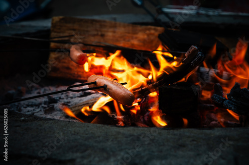 Hotdog roasting over a camp fire