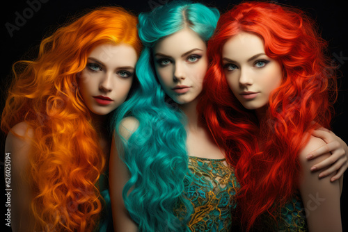 Close up of three young girls with colored hair looking at the camera. Generative AI