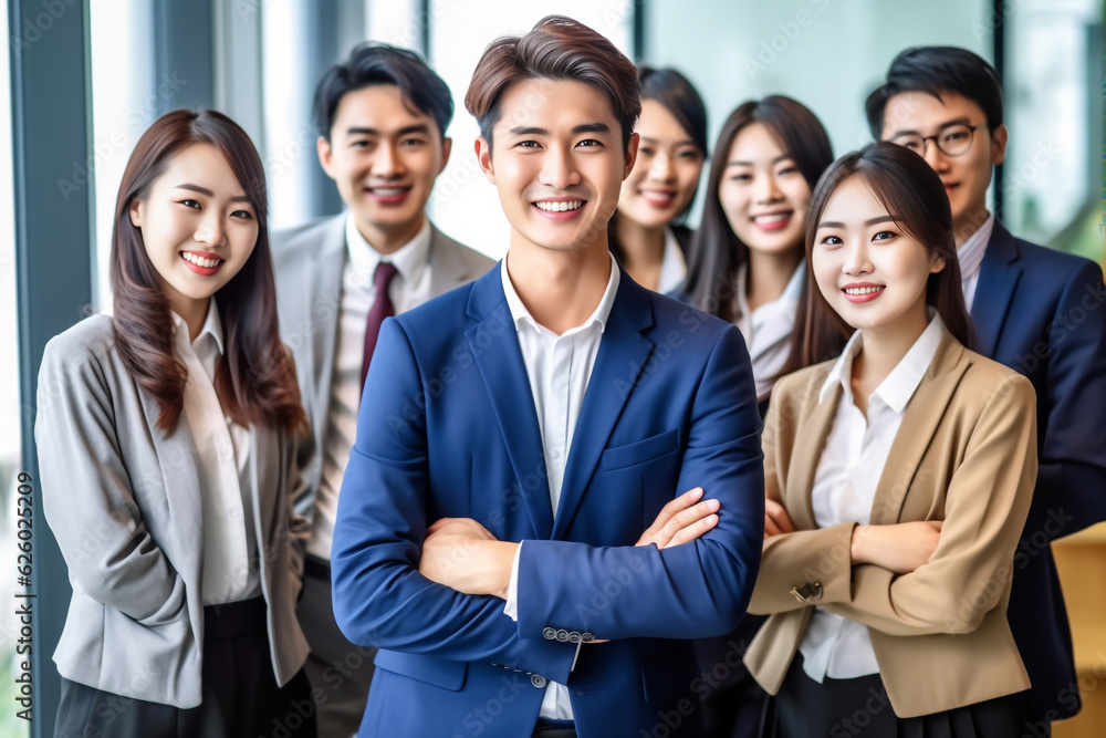 Confident Asian businesspeople in powerful poses, donning business suits, symbolizing a dynamic corporate team. Captivating unity and professionalism. generative AI. Confident Asian businesspeople in powerful poses, donning business suits, symbolizing a dynamic corporate team. Captivating unity and professionalism. generative AI.