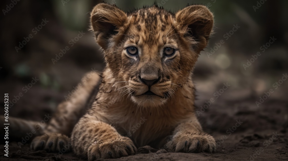 Cute Lion Cub.Lion. Beautiful Lion Cub in the Golden Savanna. Lion King in Savanna. Lion in Savanna.  Made With Generative AI.