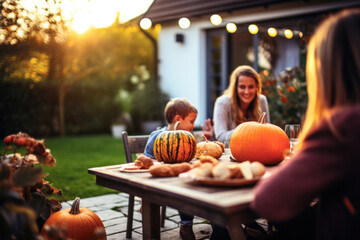 Family having a meal outdoors, table setting with pumpkins and autumn decoration