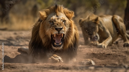 Lion Hunting. Lions in the African Savanna. Beautiful Lions in the Golden Savanna. Lion in Savanna. Ai Generated Art. Made With Generative AI.