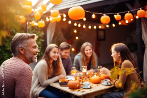Family having a meal outdoors, table setting with pumpkins and autumn decoration