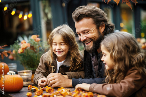 Happy smiling family spending time together. Father and his two little girls, sitting at the table decorated with autumn pumpkins, outdoors in the backyard