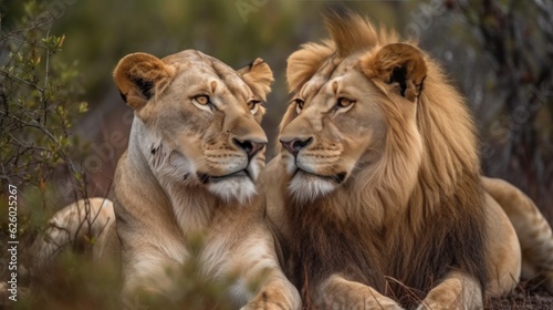 Beautiful couple of Lion. Lion in the African Savanna. Beautiful Lions in the Golden Savanna. Beautiful lioness. Lion in Savanna. Ai Generated Art. Made With Generative AI.