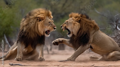 Two Lions Fighting for a Leadership. Lions in the African Savanna. Beautiful Lions in the Golden Savanna. Lion in Savanna. Ai Generated Art. Made With Generative AI. © John Martin