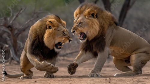 Two Lions Fighting for a Leadership. Lions in the African Savanna. Beautiful Lions in the Golden Savanna. Lion in Savanna. Ai Generated Art. Made With Generative AI.