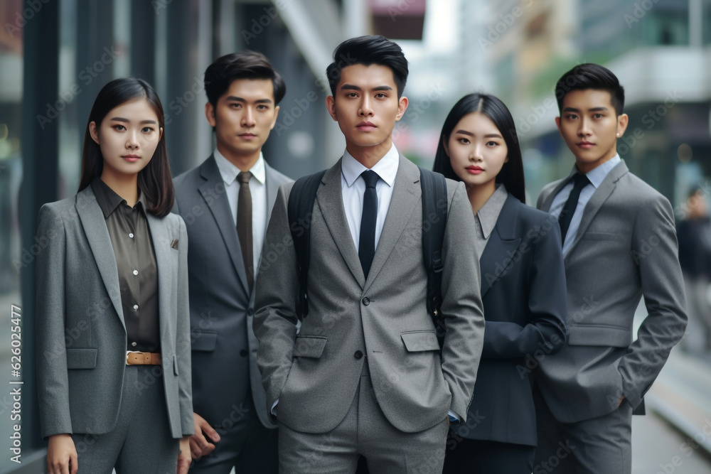 Confident Asian businesspeople in powerful poses, donning business suits, symbolizing a dynamic corporate team. Captivating unity and professionalism. generative AI. Confident Asian businesspeople in powerful poses, donning business suits, symbolizing a dynamic corporate team. Captivating unity and professionalism. generative AI.