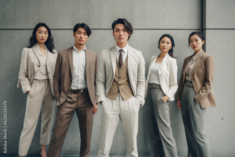 Confident Asian businesspeople in powerful poses, donning business suits, symbolizing a dynamic corporate team. Captivating unity and professionalism. generative AI. Confident Asian businesspeople in powerful poses, donning business suits, symbolizing a dynamic corporate team. Captivating unity and professionalism. generative AI.