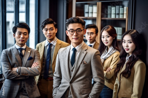 Confident Asian businesspeople in powerful poses, donning business suits, symbolizing a dynamic corporate team. Captivating unity and professionalism. generative AI. © Surachetsh