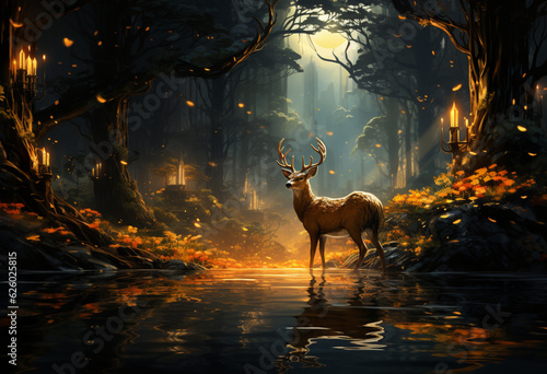 a deer with a glowing antler in the forest, in the style of mixes realistic and fantastical elements © Avalga