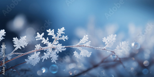 Elegant Christmas Wallpaper with Frosty Snowflake. Seasonal Banner with copy-space