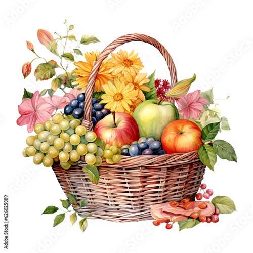 watercolor Autumn garden basket illustration isolated in white background