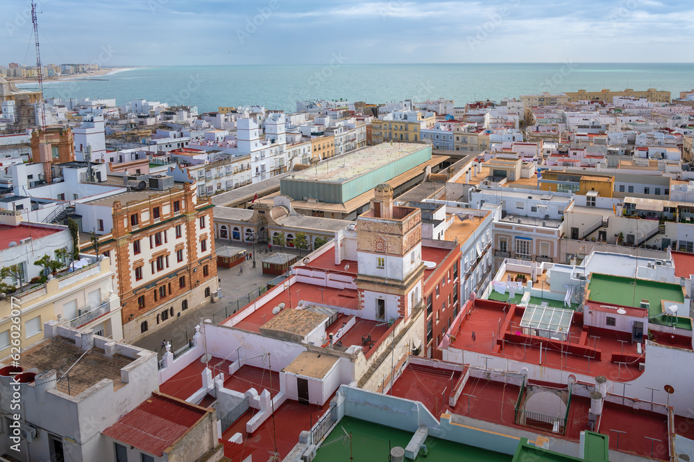 Aerial view of Cadiz with Sentry Box Tower - Cadiz, Andalusia, Spain