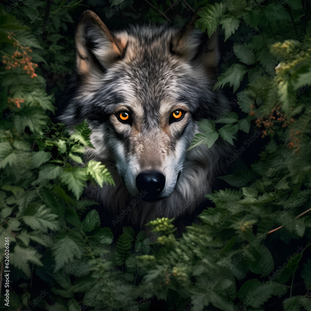 A majestic wolf hiding amongst the foliage closeup