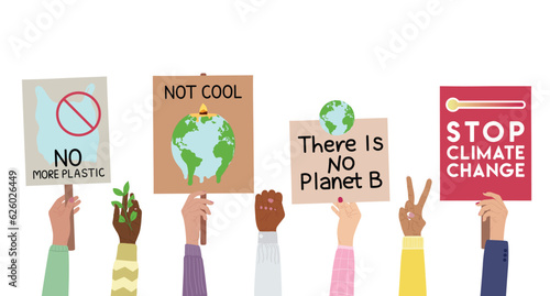 Protest strike against climate change and global warming. Set of human hands with eco banners, placards. Save the planet, stop climate change, no plastic concept. Hand drawn vector illustration