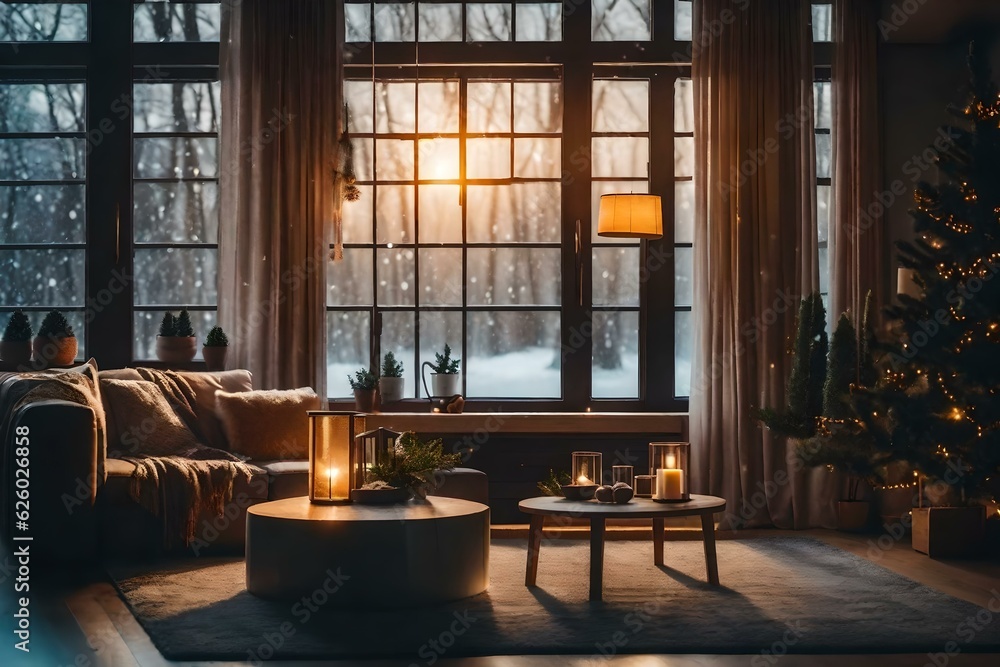 Comfy living room with christmas tree and snow falling outside