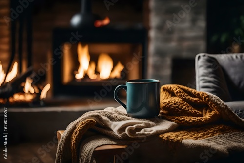 Cup of coffee on table near fireplace