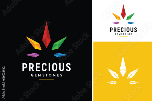 Colorful Gemstone Crystal Jewel Diamond Gem for Jewelry or Hemp Cannabis Marijuana Leaf logo design