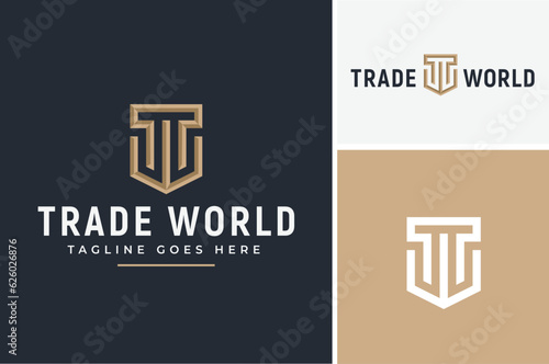 Simple Classic Initial TW WT with Golden Protection Shield logo design 
