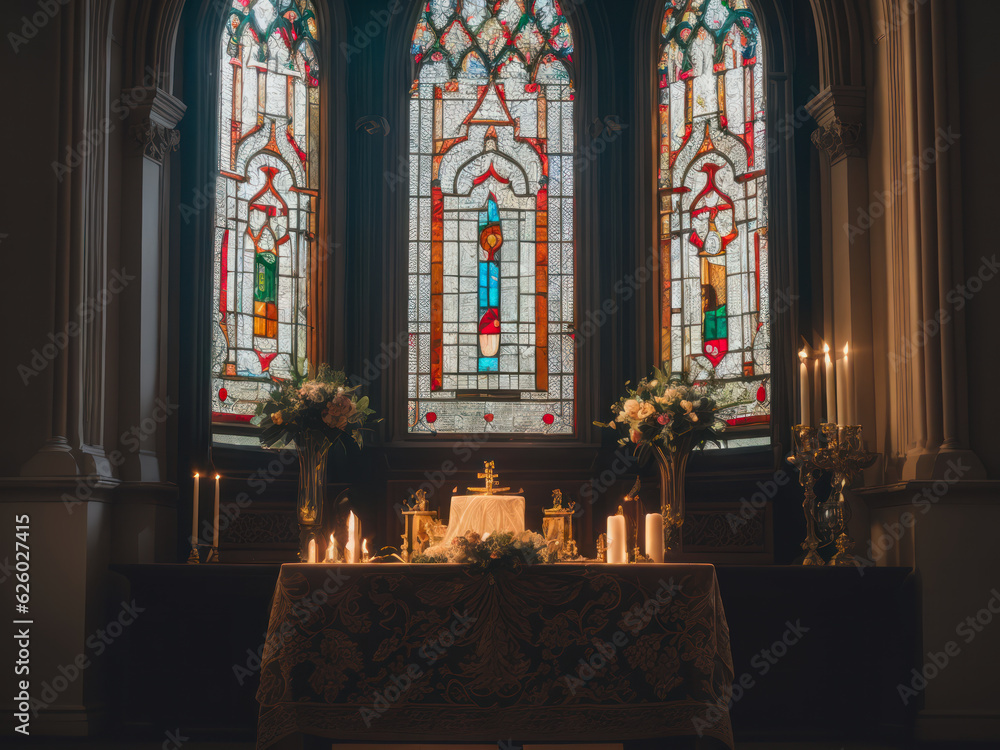 Digital photo of the burning candles on the altar of a Catholic church in the background of the stained glass windows